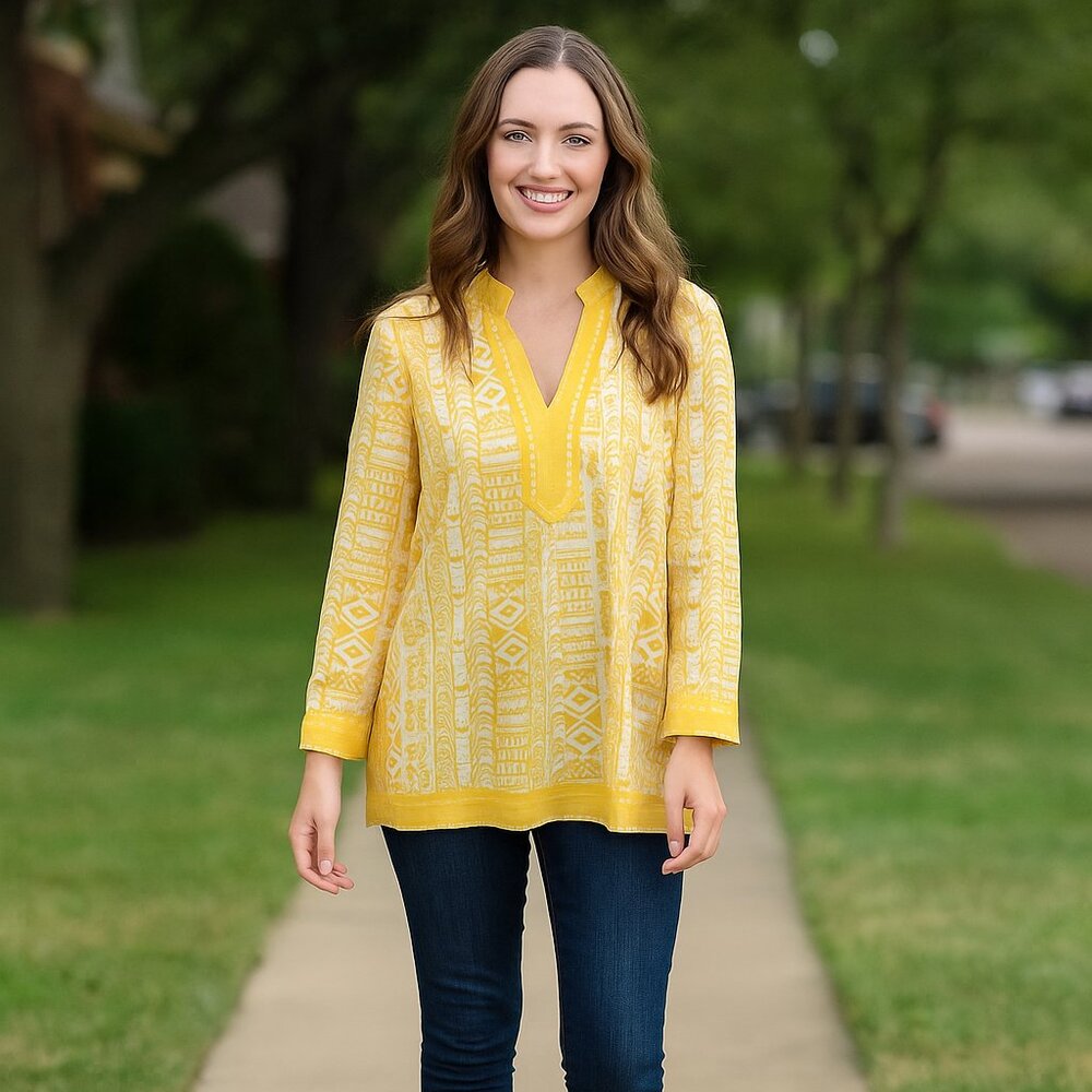 Real Comfort by Chadwick's Embroidered Neck Yellow Aztec Print Tunic Top Women L
